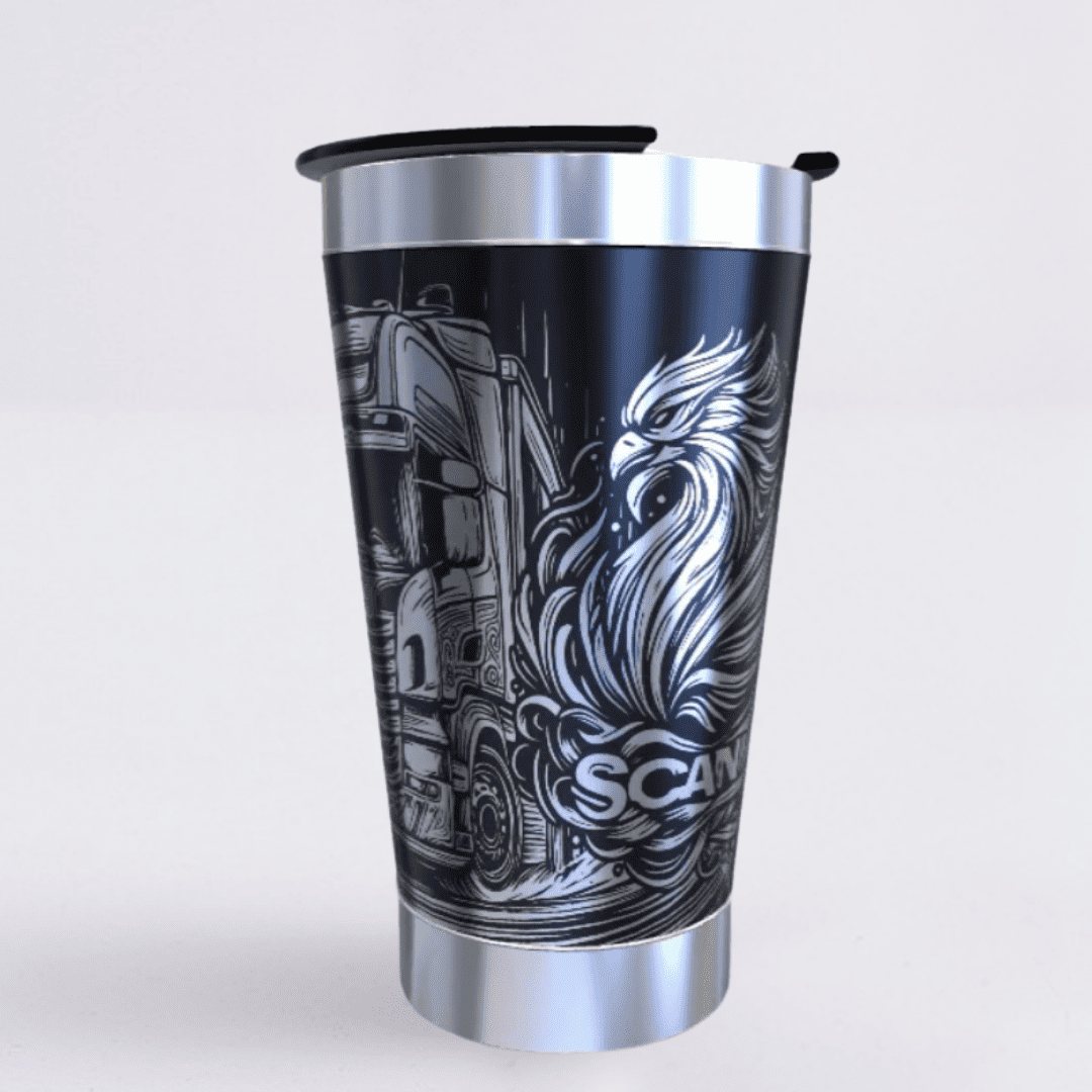 Scania – Copo Térmico Preto Personalizado 360° a Laser + Brinde