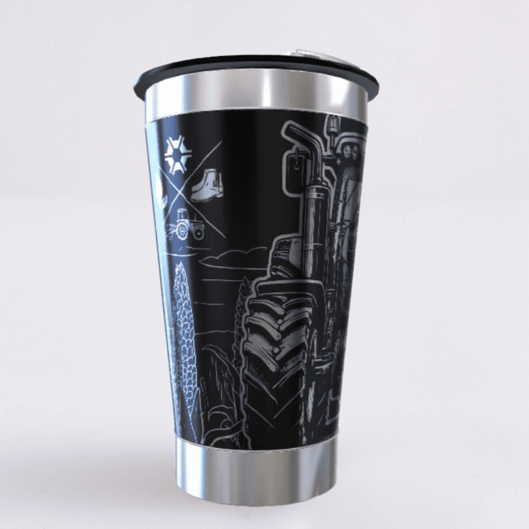 Trator Agro – Copo Térmico Preto Personalizado 360° a Laser + Brinde