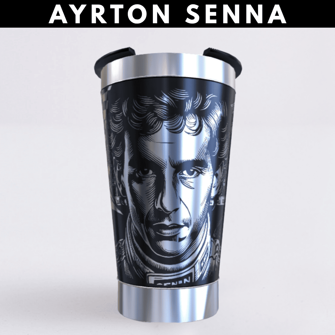 Ayrton Senna – Copo Térmico Preto Personalizado 360° a Laser + Brinde