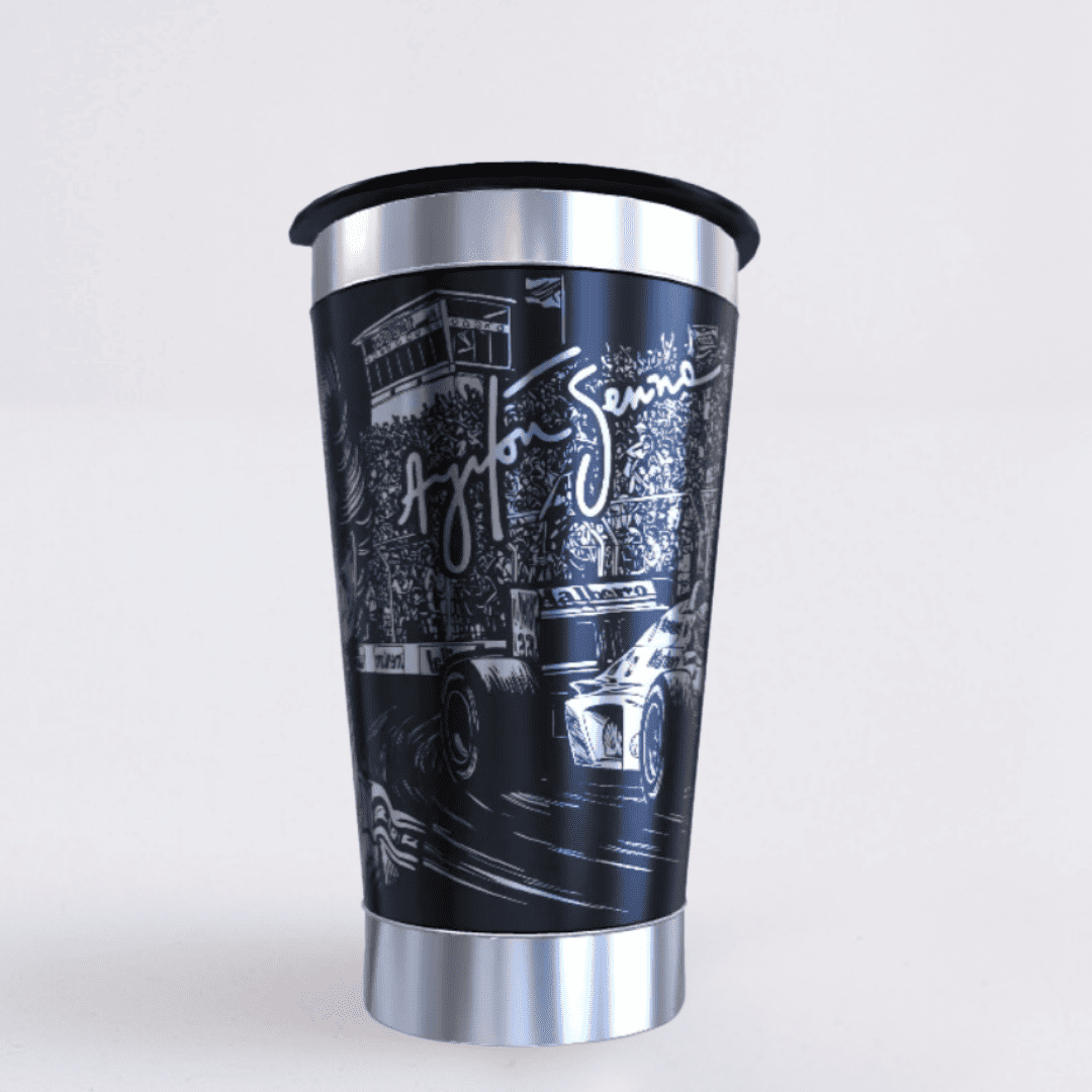 Ayrton Senna – Copo Térmico Preto Personalizado 360° a Laser + Brinde
