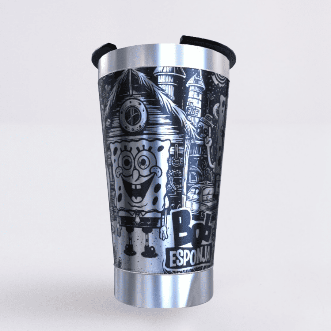 Bob Esponja – Copo Térmico Preto Personalizado 360° a Laser + Brinde