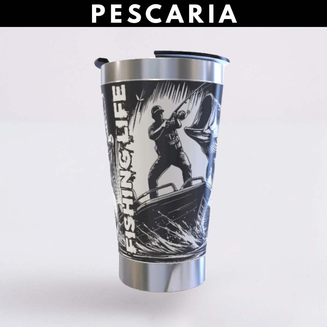 Pescaria – Copo Térmico Preto Personalizado 360° a Laser + Brinde