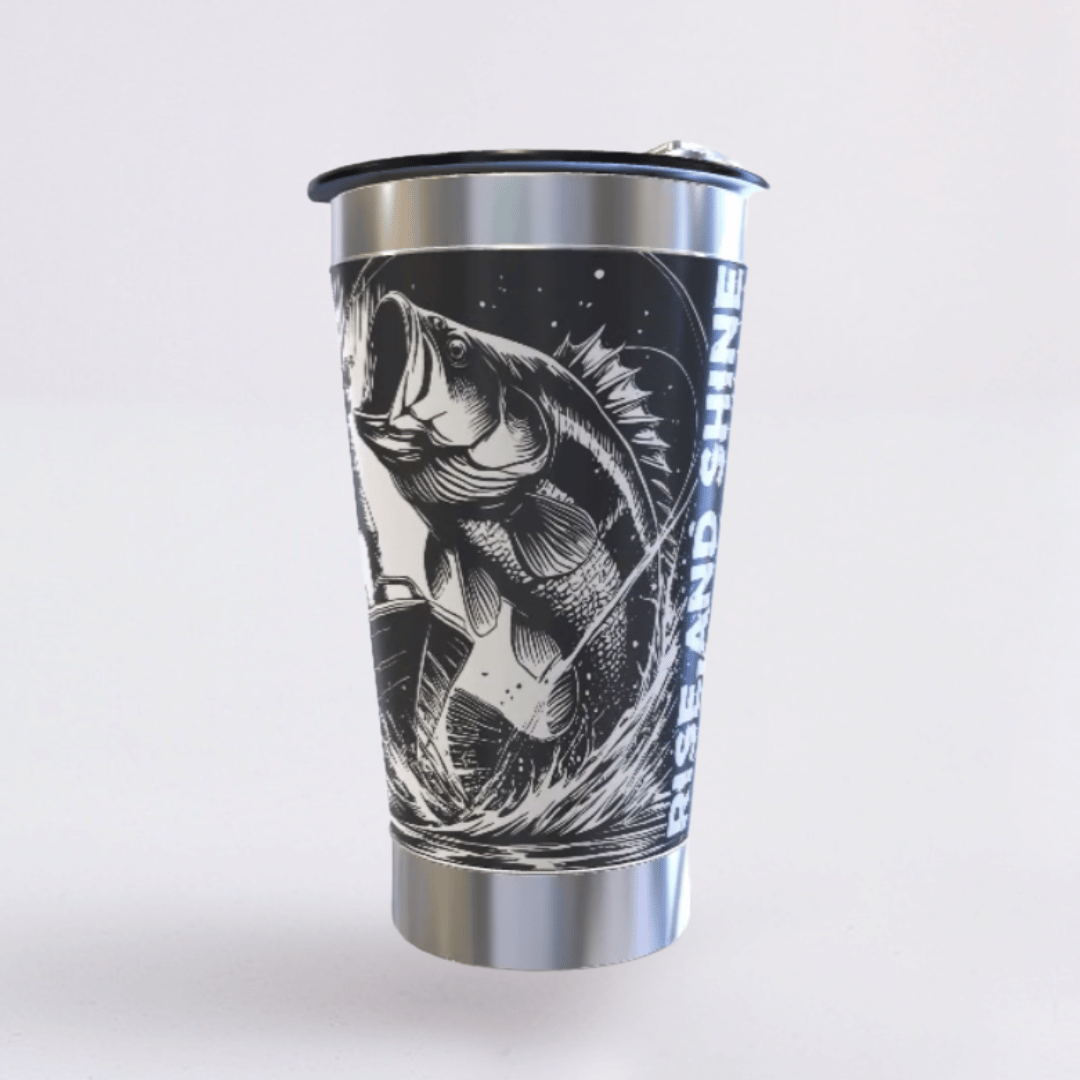 Pescaria – Copo Térmico Preto Personalizado 360° a Laser + Brinde