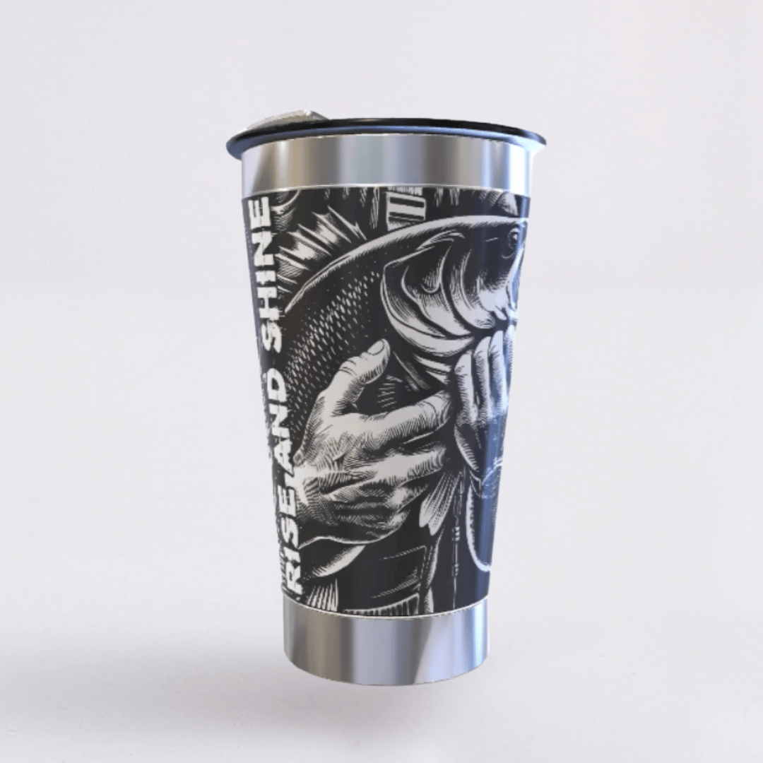 Pescaria – Copo Térmico Preto Personalizado 360° a Laser + Brinde