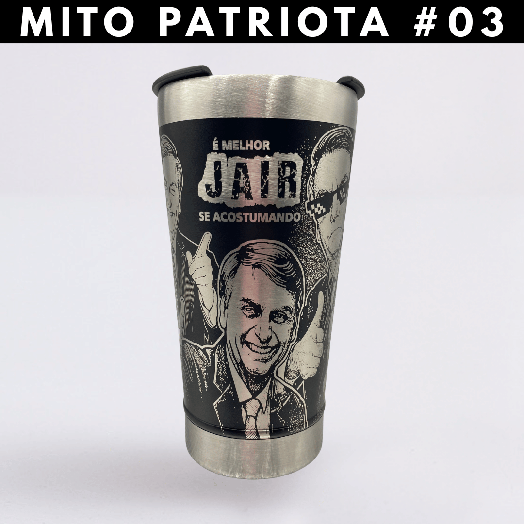 Mito Patriota #03 – Copo Térmico Preto Personalizado 360° a Laser + Brinde