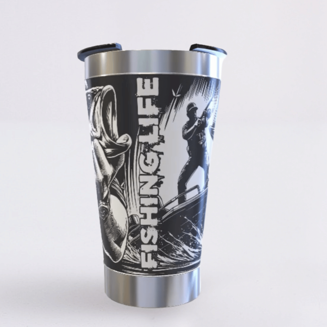 Pescaria – Copo Térmico Preto Personalizado 360° a Laser + Brinde